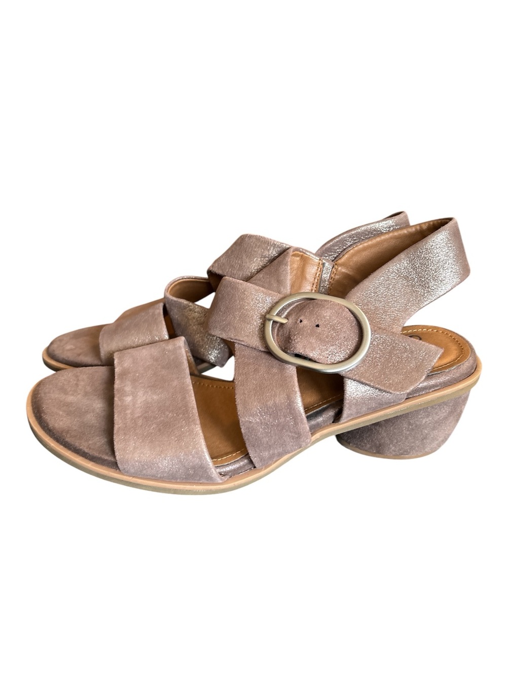 Sofft Women's Coryn Metallic Leather Cross-Strap Sandals w/ Low Round Block Heel